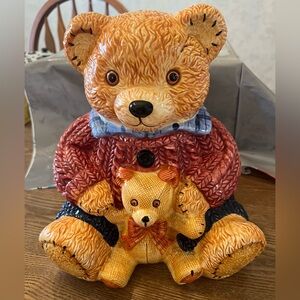 Teddy bear with baby bear cookie jar